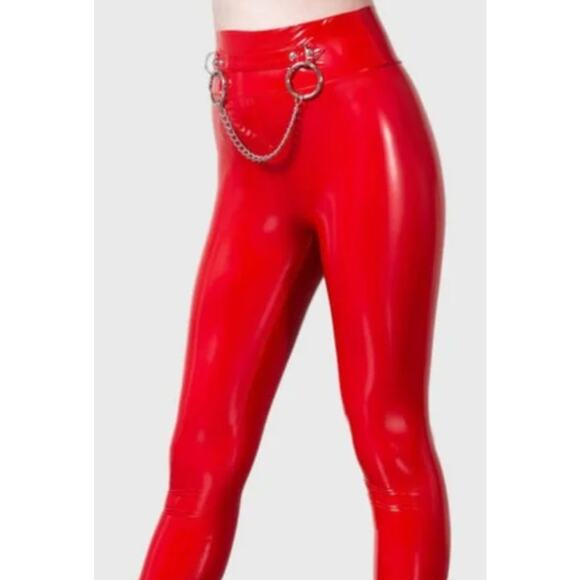 New KILLSTAR Bat B*tch Faux Patent Leather Leggings XS Shiny Red Goth Punk Rock - Picture 8 of 8